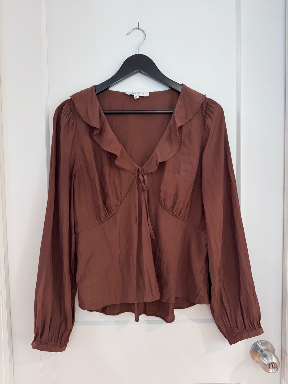 Rose + Olive Ruffle Neck Long Sleeve Blouse in Brown - Size Large